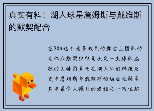 真实有料！湖人球星詹姆斯与戴维斯的默契配合