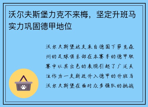沃尔夫斯堡力克不来梅，坚定升班马实力巩固德甲地位